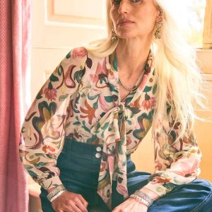 Floral Jacquard Tie-Front Blouse