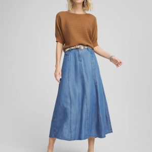 Lightweight Denim Fly Front Midi Skirt