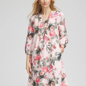 Floral Linen Pintuck 3/4 Sleeved Dress