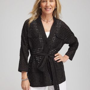 Open-Stitch Tie-Front Kimono Jacket