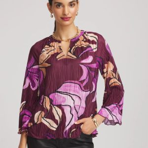 Printed Pleated V-Neck Tee