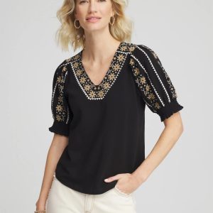 Embroidered Smocked-Sleeve Tee