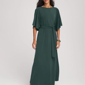 Belted Flutter-Sleeve Maxi Dress