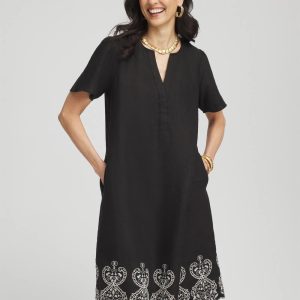 Embroidered Linen Flutter-Sleeve Dress