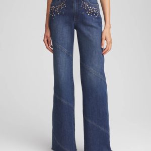 Petite Embellished Frayed Flared-Leg Jeans