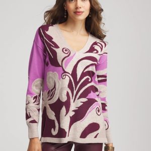 Intarsia Knit V-Neck Pullover Sweater