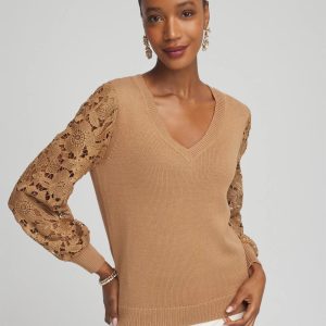 Woven Lace V-Neck Pullover Sweater