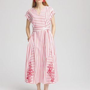 Embroidered Godet Striped Maxi Dress