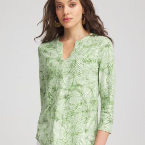 Palm-Frond-Motif Cotton Slub Henley Shirt