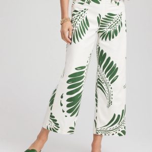 Palm-Frond-Motif Pull-On Wide-Leg Cropped Jeans