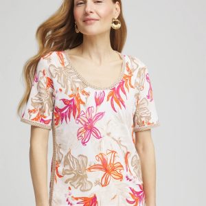 Floral Print Crochet-Trim Pullover Sweater