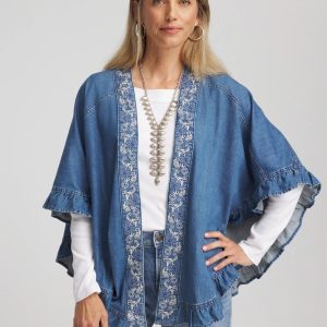 Embroidered Denim Ruffled Ruana