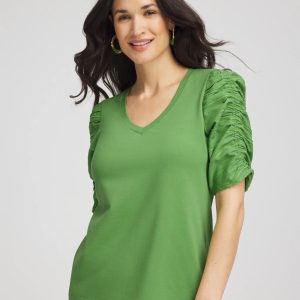Cotton-Blend Ruched-Sleeve Top