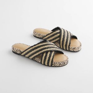 Striped Raffia Cross-Strap Slide Sandal