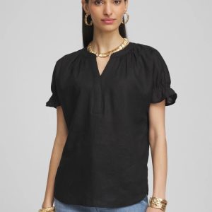 Linen Flutter-Sleeve Popover Top