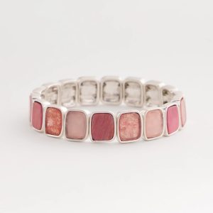 Quartz & Rhodonite Stone Silvertone Square Stretch
