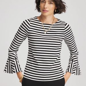 Ribbed Godet Flutter-Sleeve Top