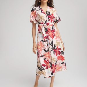 Tonal Floral Ruffle-Sleeved Midi Dress